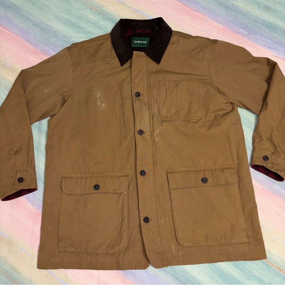 Orvis Mens Barn Coat Canvas Field Jacket Plaid Flannel Lined Tan Brown Size XL